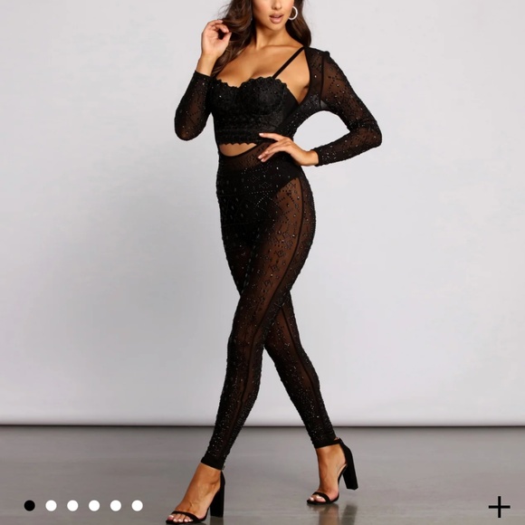 Heat Up The Party Mesh Embellished Catsuit - Picture 1 of 4